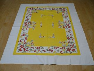 Vintage Cotton Table Cloth 72 " X 56 " Strawberries Green Leave Yellow Background
