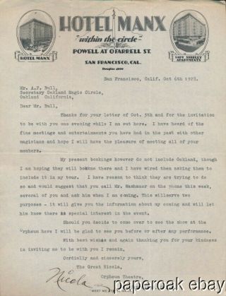 1928 The Great Nicola Magician Letter To Oakland,  California Magic Circle