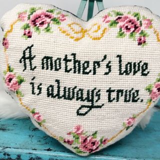 Vtg Handmade Needlepoint Tapestry Mother ' s Love PILLOW Heart Shaped Roses 2