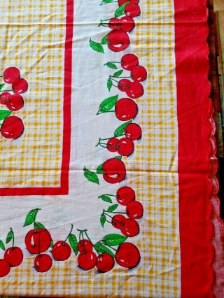 Vintage Cherries Tablecloth Red Yellow Plaid Scalloped Edge Cotton Cloth 64x48.  5