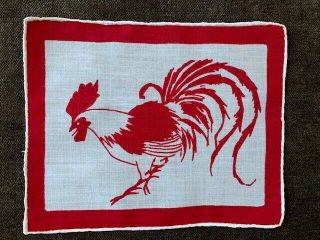 6 Vintage Cocktail Napkins Dramatic Modern Rooster Red & White Fine Linen