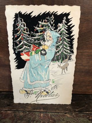 True Vintage Old World Santa Postcard Blue Coat St Nicolas Xmas Deer Signed