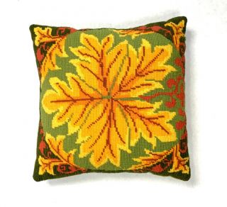 Vintage 1970s Needlepoint Decorative Throw Pillow Floral Leaf Quilted Green Gold