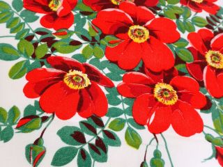 GORGEOUS Vtg 1950s Wilendur Wilendure Tablecloth Red Wild Rose Pattern 48 
