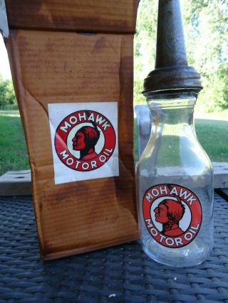 Vintage Mohawk Motor Oil Gasoline Bottle Quart Oil Glass Jar And Spout