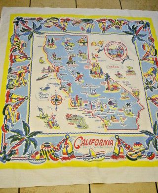 Vintage California State Map Souvenir Tablecloth,  Blue,  Yellow,  Red,  Green,  45x50