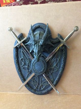 Dragon Head Plaque With 2 Swords Wall Decor
