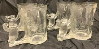 (4) Vintage 1997 Coca Cola Coke Polar Bear Handle Clear Mugs 3d Clear Frosted