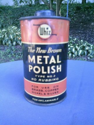 Vintage Rare Whiz 16 Oz Liquid Brown Metal Polish Compound Metal Can