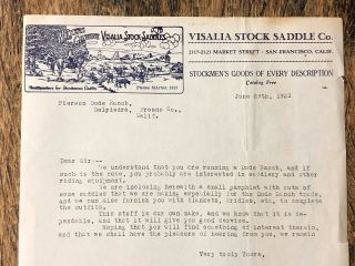 1931 Letter From Visalia Stock Saddle Co.  Market Street San Francisco