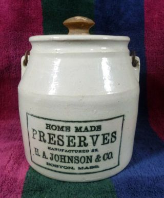 Vintage H.  A.  Johnson & Co.  Boston Stoneware Preserves Jar
