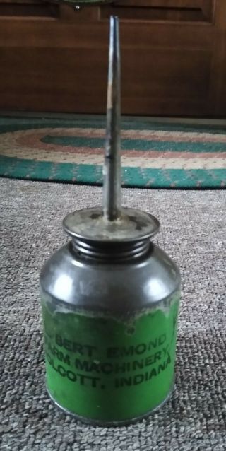 1940s - 50s John Deere Dealership Green Oil Can.  Wolcott,  Indiana