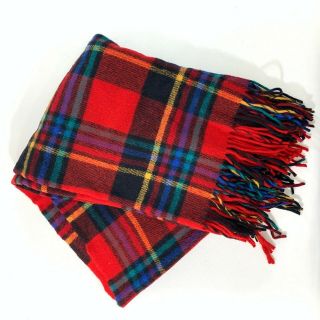 Pendleton Wool Blanket Throw W Fringe Red Blue Plaid Large Size 76x52 Euc