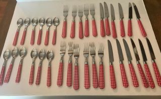 Vintage Red And White Gingham Stainless Flatware