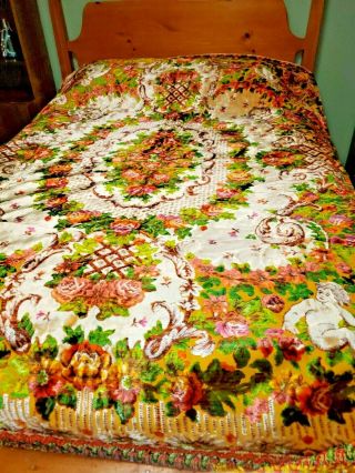 Vintage Gorgeous Italian Chenille Velvet Queen Bed Spread Cherubs 100x 82 Italy