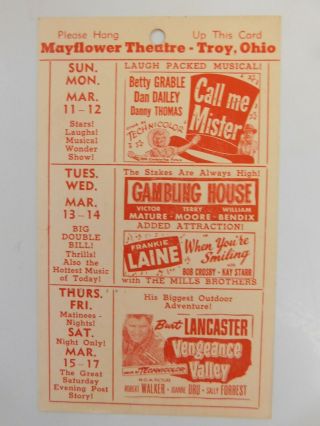 1951 Mayflower Theatre Movie Advertising Postcard Troy Ohio Burt Lancaster