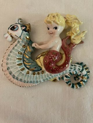Vintage Ceramic Girl Riding Seahorse Wall Plaque