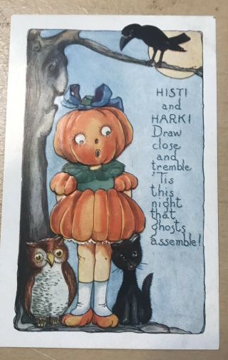 Pumpkin Girl With Owl & Black Cat On Halloween Postcard C1912 Whitney
