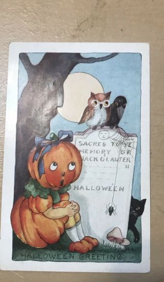 Pumpkin Girl Reads Tombstone On Halloween Postcard C1912 Whitney