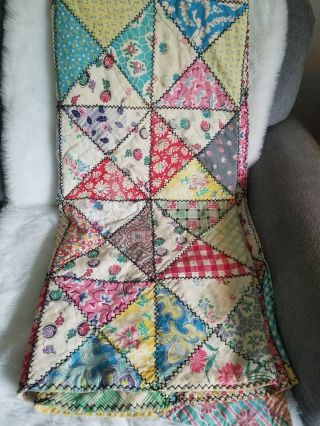 Vintage Hand Stitched Quilt Blanket Multi Color Florals Black Thread 72 X 90 C