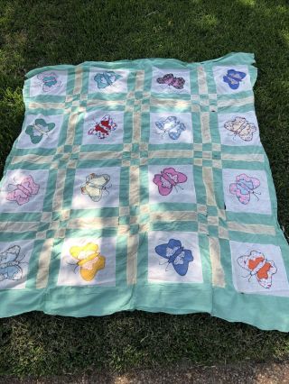 Vintage Butterfly Quilt Top Handmade Handstitched Bedspread Coverlet Embroidery