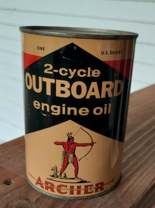 Vintage Archer 1 Qt Oil Can 2 - Cycle Outboard Engine Oil Full