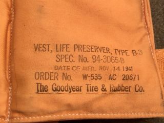 WWII US ARMY AIR FORCE AAF TYPE B - 3 LIFE PRESERVER MAE WEST VEST EARLY 1941 DATE 3