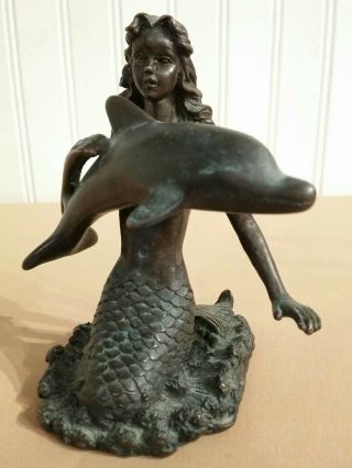 Vintage Brass Mermaid Figurine Statue Petting Dolphin Fish Mythical Collectible