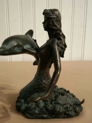 VINTAGE BRASS MERMAID FIGURINE STATUE PETTING DOLPHIN FISH MYTHICAL COLLECTIBLE 3
