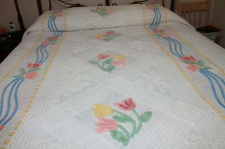 Vintage White & Pastel Floral Chenille Bedspread Full Size