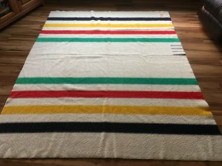 Vintage Hudson Bay Wool Blanket 4 Point Stripe 72 " X 90 " Made In England