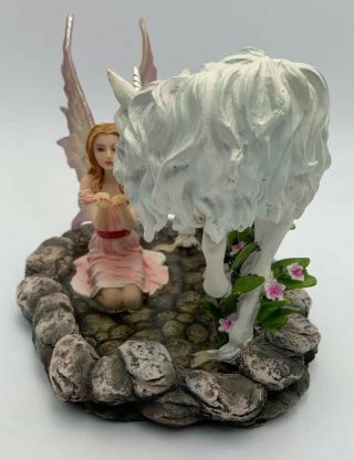 Pink Winged Fairy with Unicorn on Pond Statue Figurine It/447 2