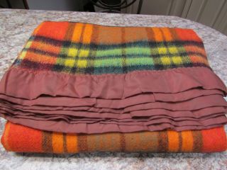 Vtg Rust Yellow Orange Plaid Warm Hi Quality Soft Wool Blanket 70x 87 Satin Trim