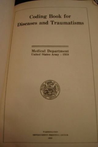 1918 Ww I U.  S.  Army Medical Department Coding Book For Diseases & Traumatisms