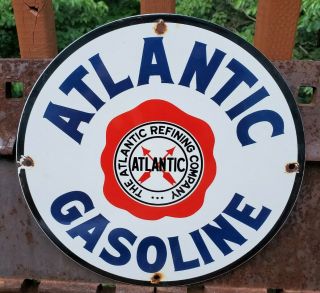 Old Vintage Atlantic Gasoline Porcelain Enamel Gas Station Pump Advertising Sign