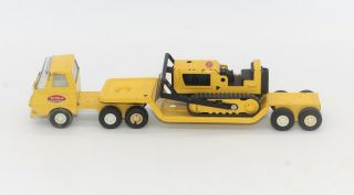 Vtg Tonka Truck Car Carrier Transporter Truck With Flatbed Trailer And Bulldozer