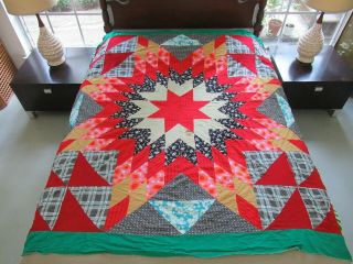 Vintage Hand Pieced Feed Sack Lone Star Quilt Top; Needs Minor Tlc; 73 " X 68 "