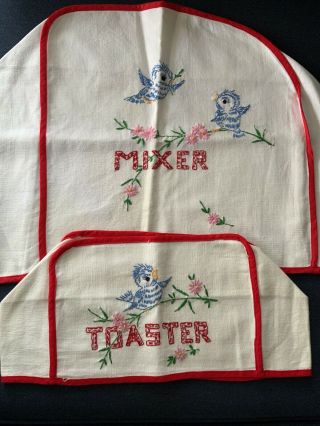 Vintage Hand Made Linen Toaster And Mixer Cover Bluebirds Embroidery