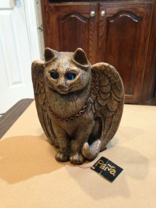 M.  Pena Cat Statue W/blue Eyes & Wings 2000 Windstone Edition Candlelamp Art