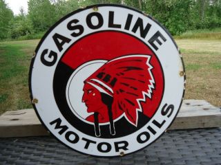 Old Vintage 1950s Indian Chief Gasoline & Motor Oils Porcelain Gas Station Sign
