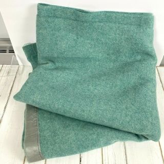 Vintage Wool Blanket Satin Trim Teal Aqua Unmarked 76 X 92.  5 Inches