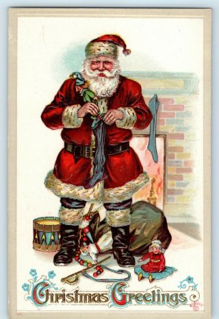 Vintage Postcard Christmas Greetings Santa Claus Stuffing Stockings P Sander