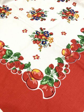 Vintage Tablecloth Fruit Cherry Strawberry Flowers Red Bright 50”x48” Retro Euc