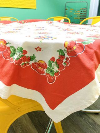 Vintage Tablecloth Fruit Cherry Strawberry Flowers Red Bright 50”x48” Retro EUC 2