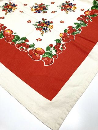 Vintage Tablecloth Fruit Cherry Strawberry Flowers Red Bright 50”x48” Retro EUC 3