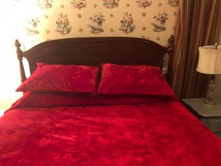 Red Velvet Bedspread Queen / Full Size,  With 2 Pillow Shams,  Vintage Boho Hippie