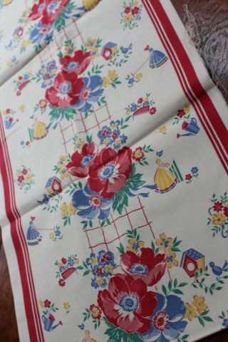 Vintage Cotton Kitchen Fabric 17 " X 5 Yards Fab Flowers W Red Stripes