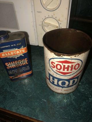 2 Vintage Oil Cans Sohio Hqd Quart Can And Allstate Aut Glaze Can Both Goid Cond