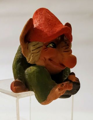 Vintage Signed Henning Norway Hand Painted Carved Wood Carving Troll Boy Gnome