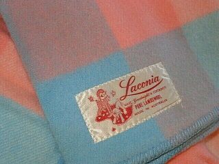 Vintage Laconia Australia Lambs Wool Blanket Blue Pink & Cream Plaid